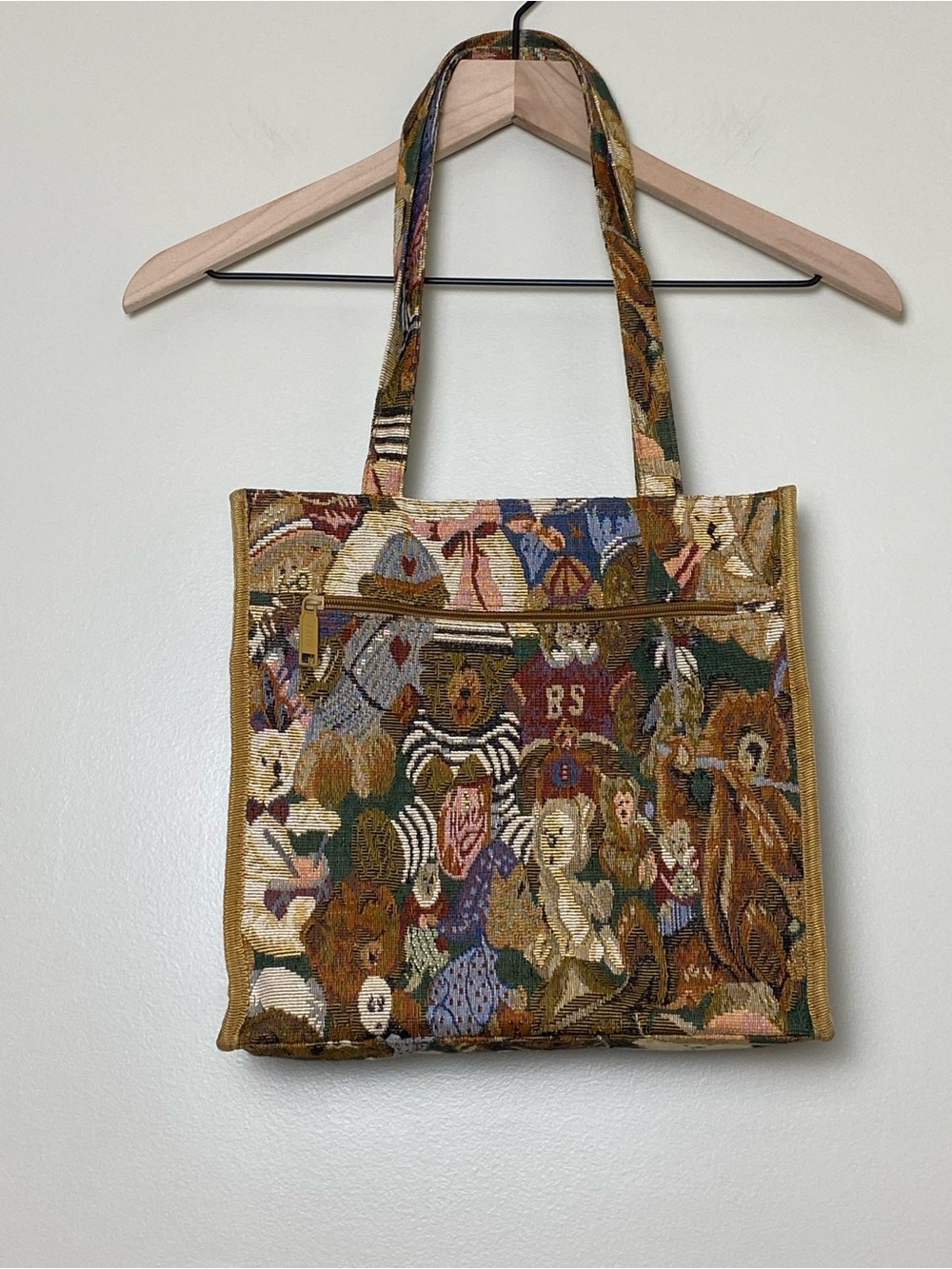 Vintage 90s Tapestry Teddy Bear Tote Bag Grandmacore Cottage Woven Purse